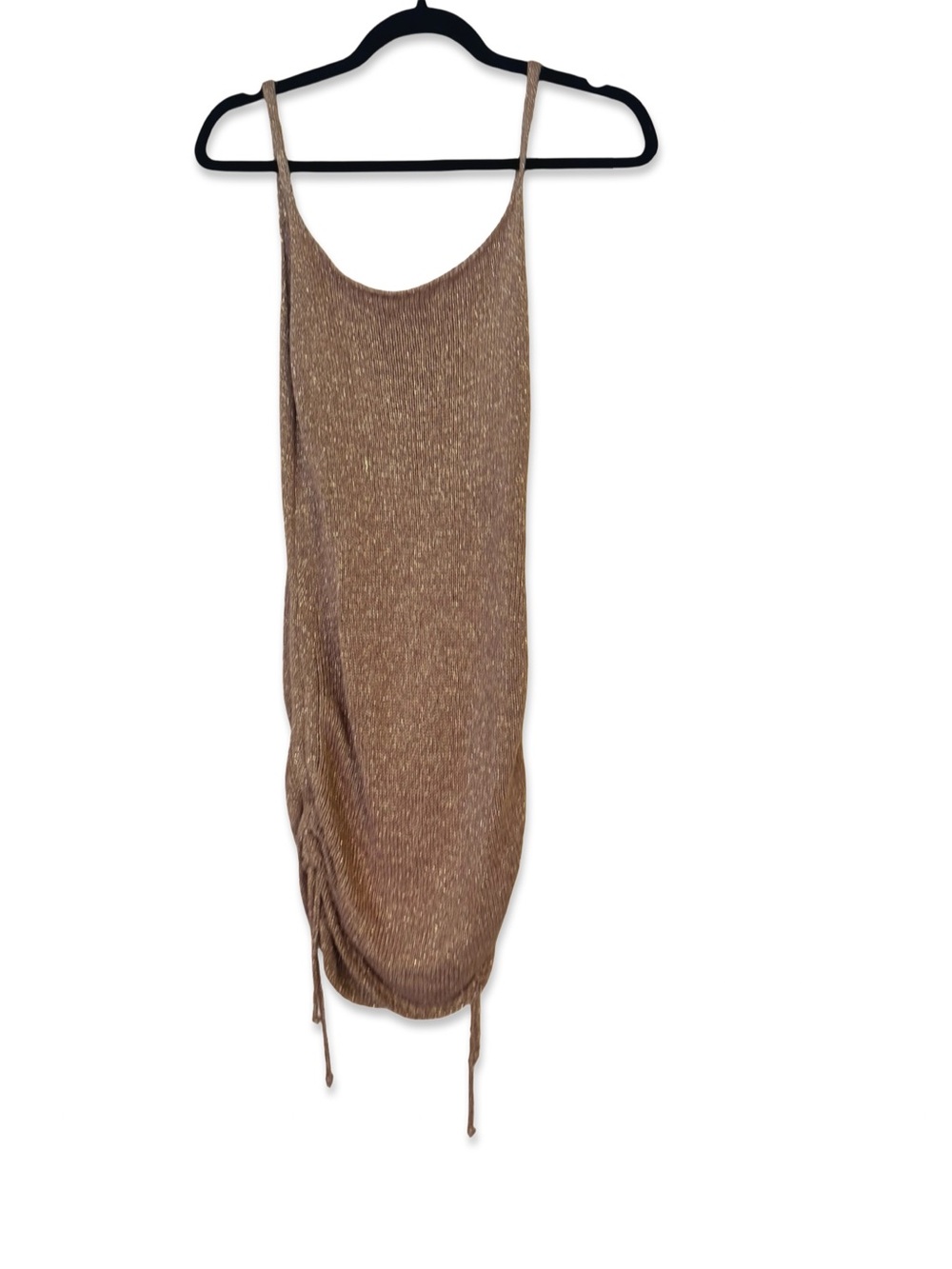 Crochet l Mini Dress in Shimmery Bronze | Spaghetti Strap Ruched Dress NWOT - Picture 2 of 5